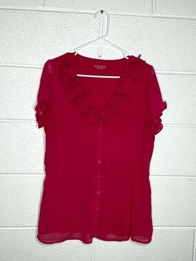 < Y2K Sunny Leigh Red Flutter Ruffle Blouse Semi-Sheer >